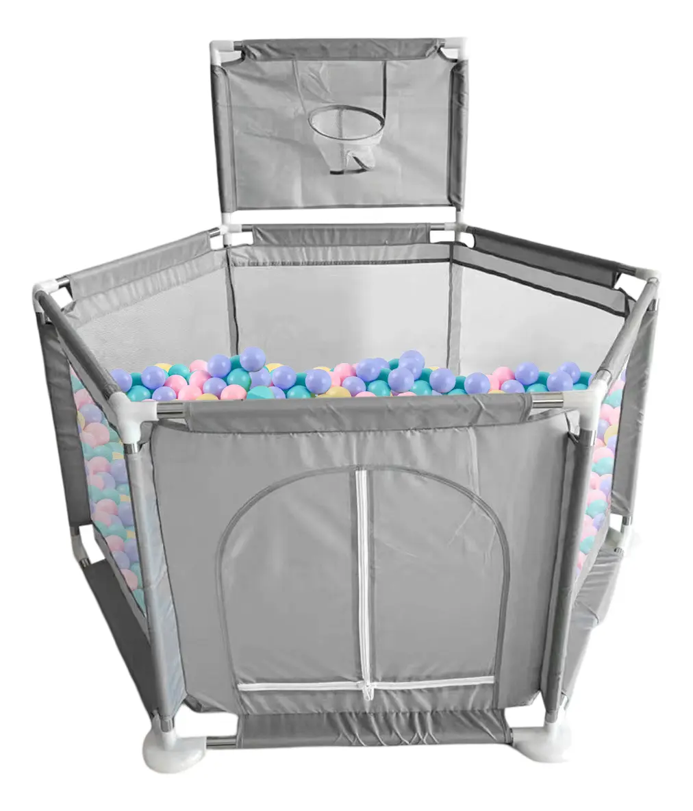 Corralito Pelotero Para Bebes Hexagonal Dakota Gimnasio Aro Básquet Con Pelotitas Color Gris