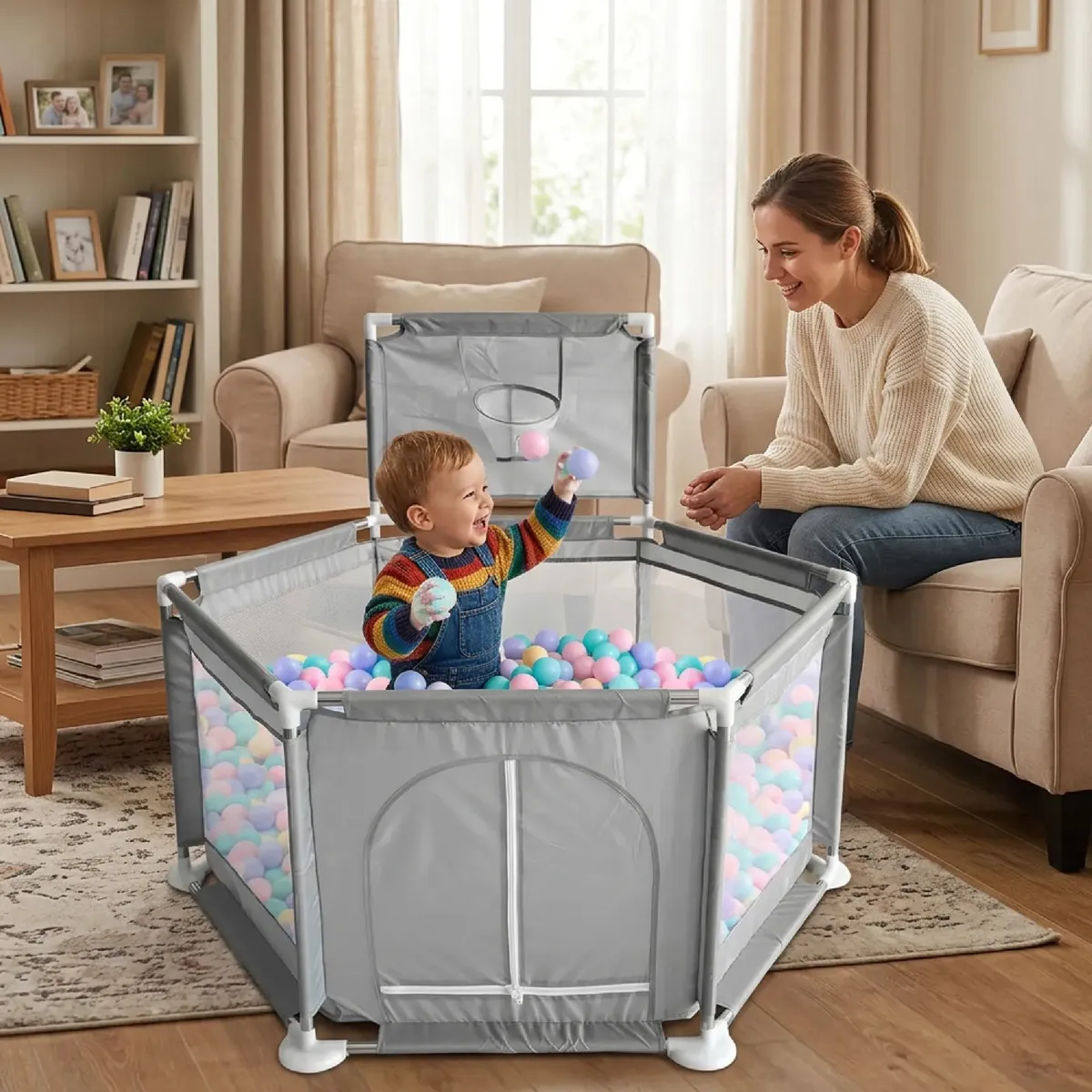 Corralito Pelotero Para Bebes Hexagonal Dakota Gimnasio Aro Básquet Con Pelotitas Color Gris