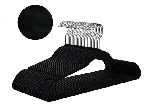 Set 25 Perchas Terciopelo Antideslizante Con Barra Luz Led Sensor Cálida/fría Negro
