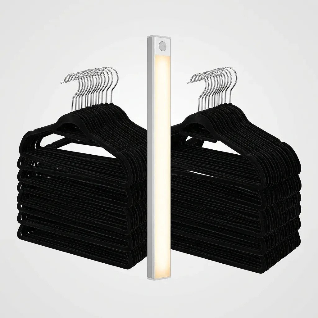 Set 25 Perchas Terciopelo Antideslizante Con Luz Tira Led 40cm Negro