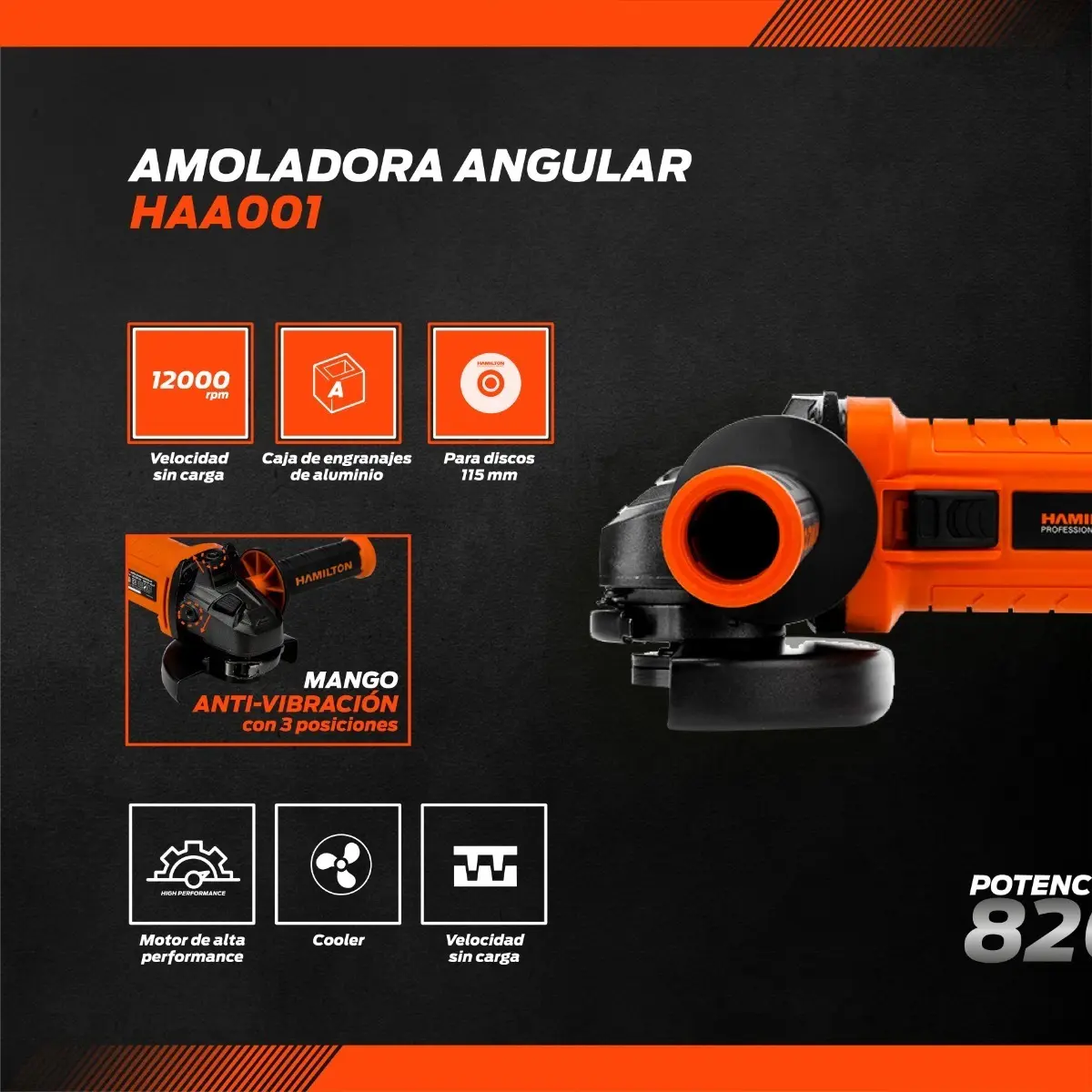 Amoladora Angular 115mm Hamilton 850w - Haa001 Color Naranja Frecuencia 50 Hz/60 Hz