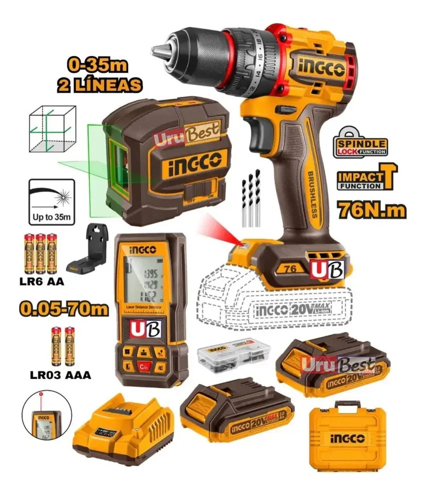 Set Taladro Atornillador Percutor Inalámbrico Nivel Láser Medidor De Distancia 2 Baterías 2ah Cargador Accesorios