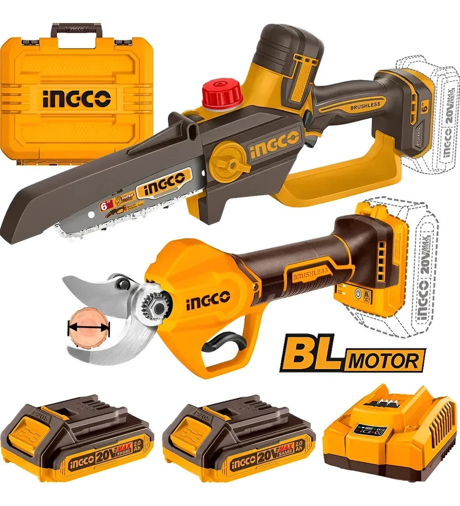 Set Mini Motosierra 6 + Tijera De Poda 20-30 Mm + 2 Baterias 2a + Cargador Naranja Claro