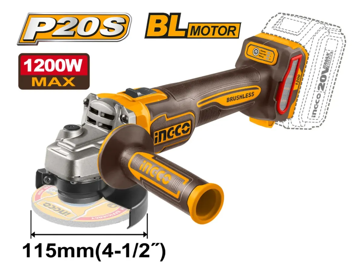 Amoladora Angular Ingco 1200w 115 Mm Bl + Maletin Sin Bats Amarillo 50