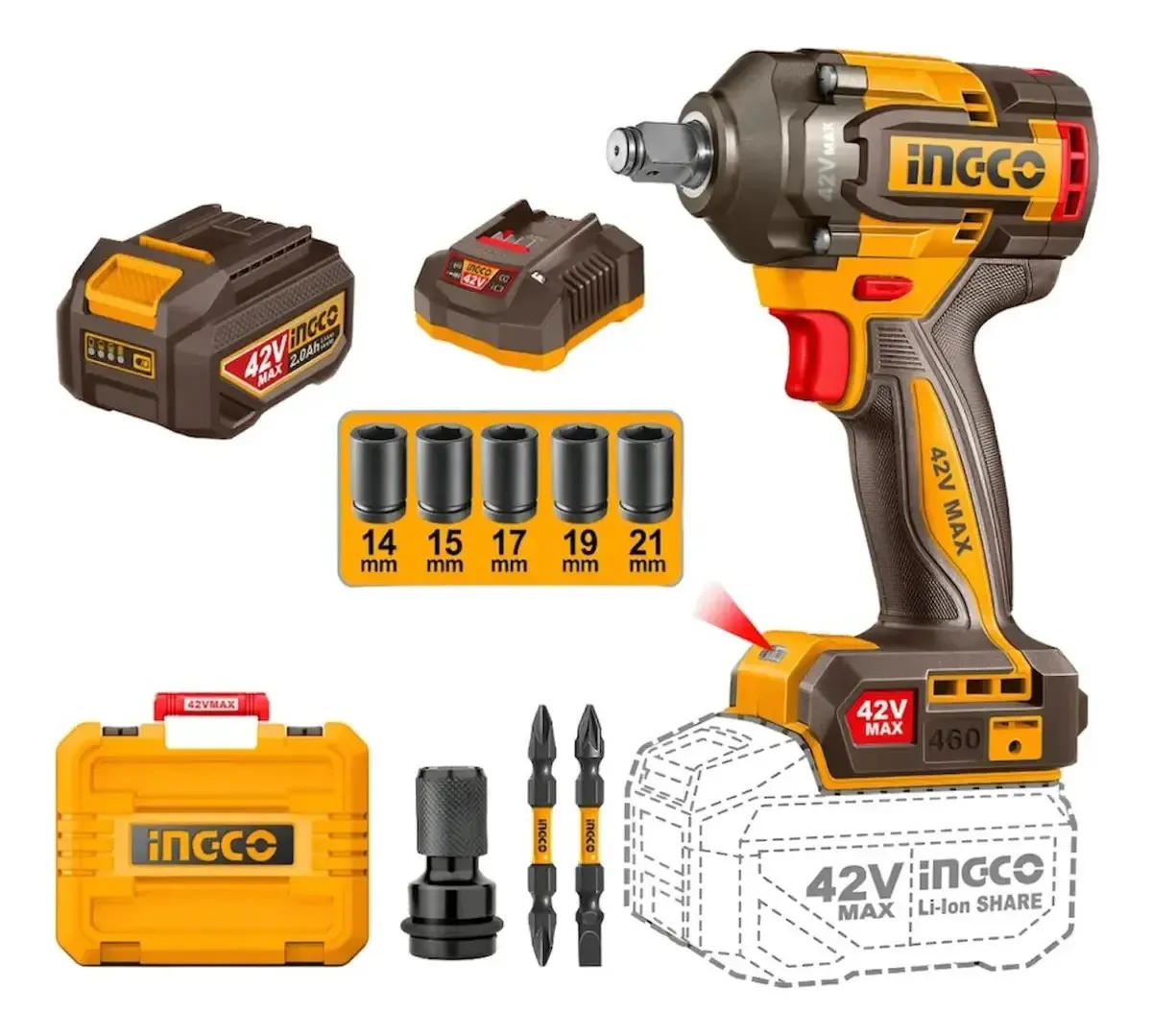 Llave De Impacto Inalambrica 42v 460nm Ingco Ciwli42461 Naranja 50/60