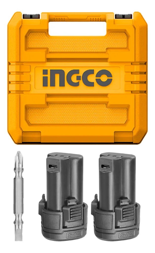 Taladro Atornillador Usb C Ingco Cdli12202 2 Baterías Maleta Amarillo