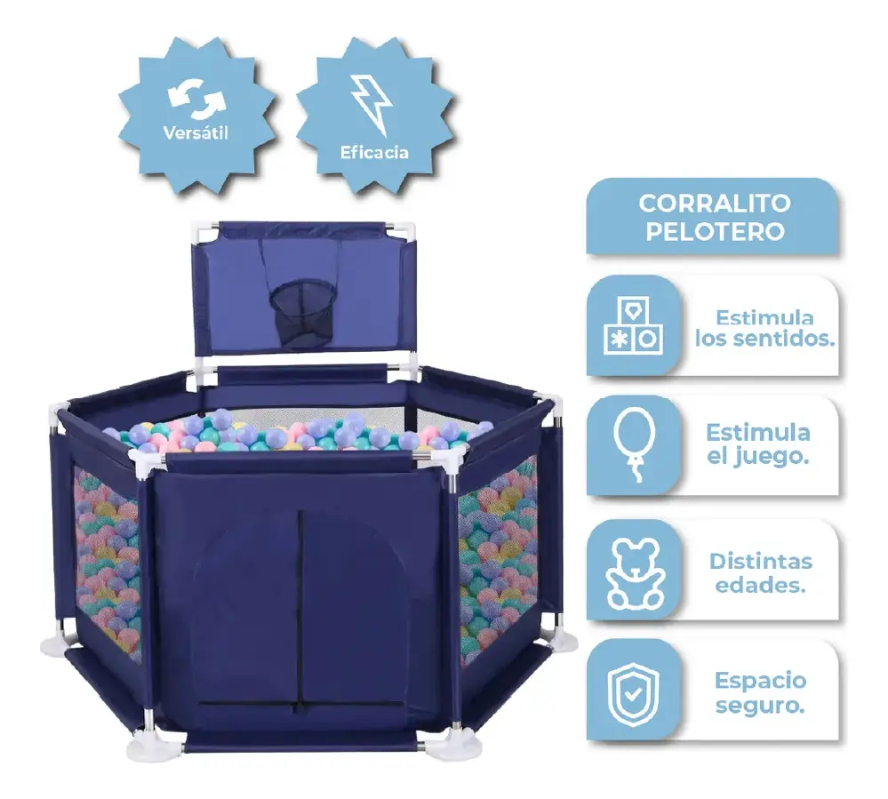 Combo Corralito Pelotero Para Bebes Azul Marino + Set Plato Babero Cubiertos Silicona Celeste Azul Marino - Celeste