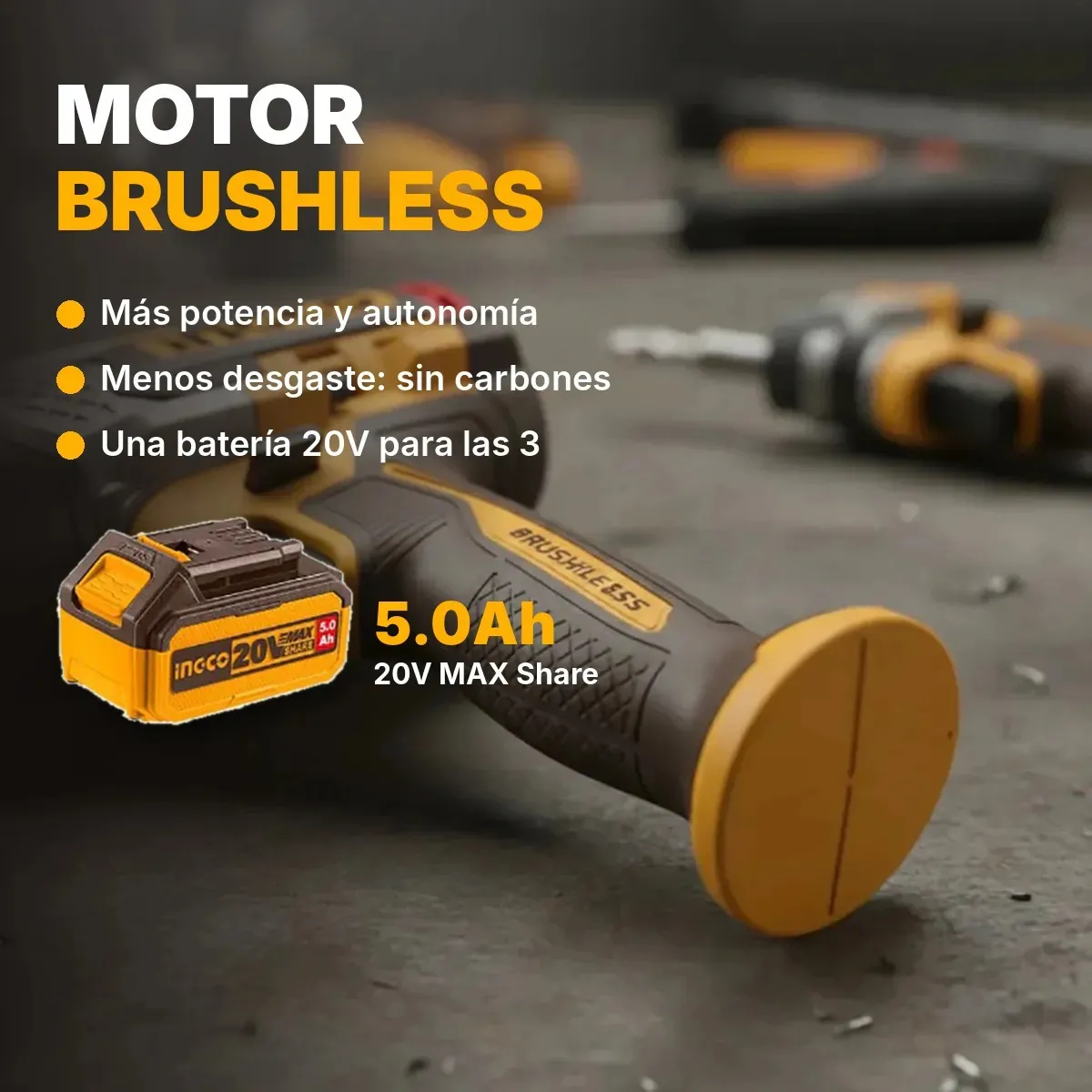 Set Ingco Rotomartillo + Llave De Impacto + Taladro Percutor 2 Baterias 4ah 20v Bushless Sin Carbones Incluye Guantes Cargador Y Accesorios Amarillo