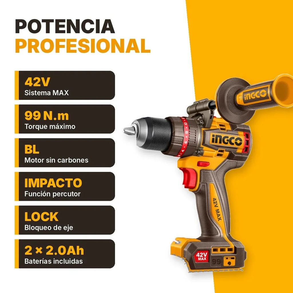 Taladro Atornillador Percutor Ingco 2 Baterias 2ah 42v 99nm Bushless Sin Carbones Incluye Guantes Cargador Y Accesorios Amarillo