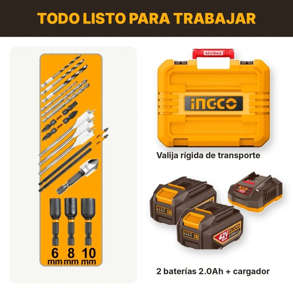 Taladro Atornillador Percutor Ingco 2 Baterias 2ah 42v 99nm Bushless Sin Carbones Incluye Guantes Cargador Y Accesorios Amarillo