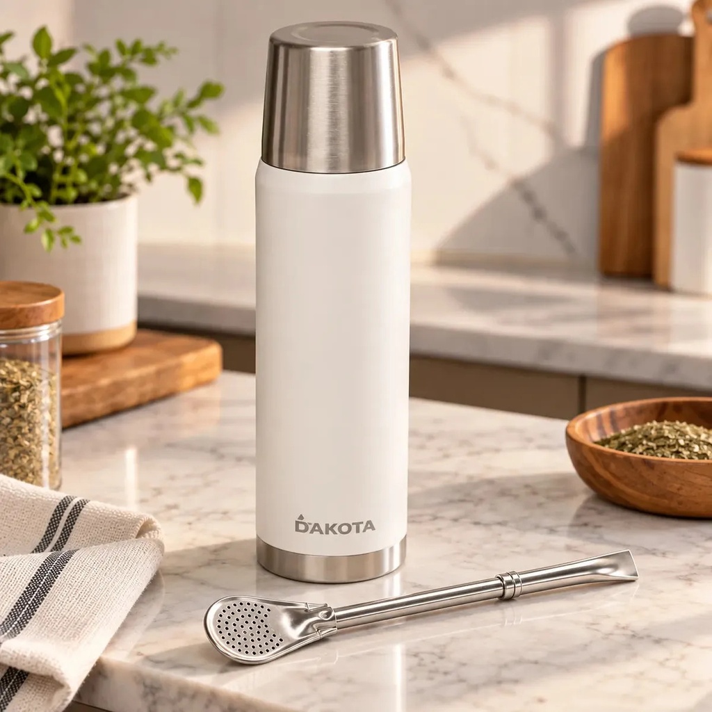 Termo Dakota 1000ml Acero Inoxidable Blanco Botella Térmica Bebidas Incluye Bombilla Acero