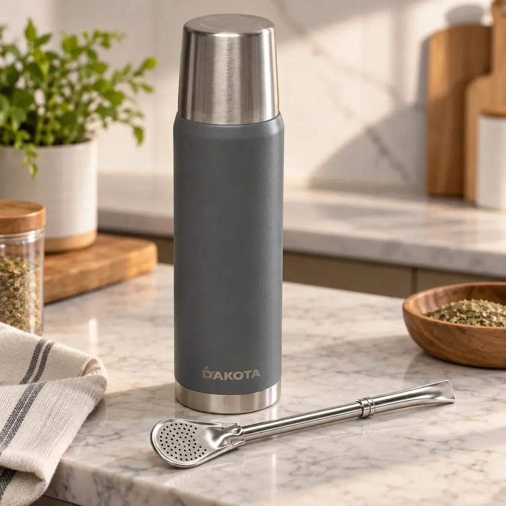 Termo Dakota 1000ml Acero Inoxidable Gris Botella Térmica Bebidas Incluye Bombilla Acero