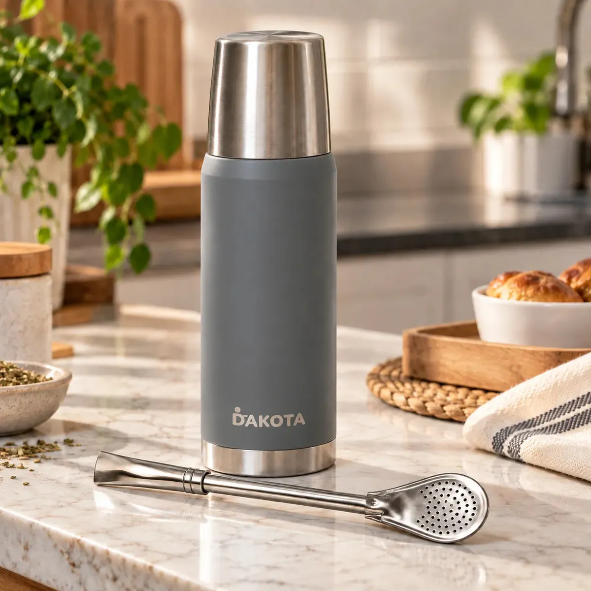 Termo Dakota 750ml Acero Inoxidable Gris Botella Térmica Bebidas Incluye Bombilla Acero