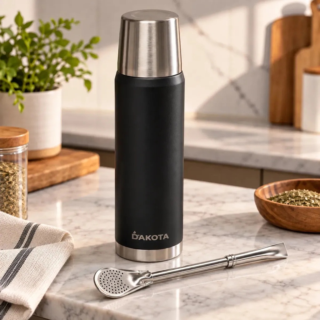 Termo Dakota Acero Inoxidable 1000ml Negro Botella Térmica Para Bebidas Incluye Bombilla Acero