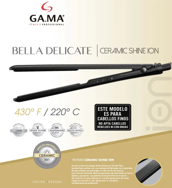 Planchita De Pelo Gama Bella Delicate Ceramic Shine Ion 220ºc Negro