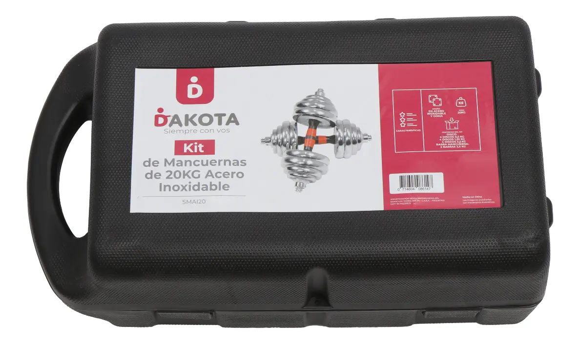 Kit Mancuernas Y Barra 20kg Dakota Discos Acero Inoxidable Metal