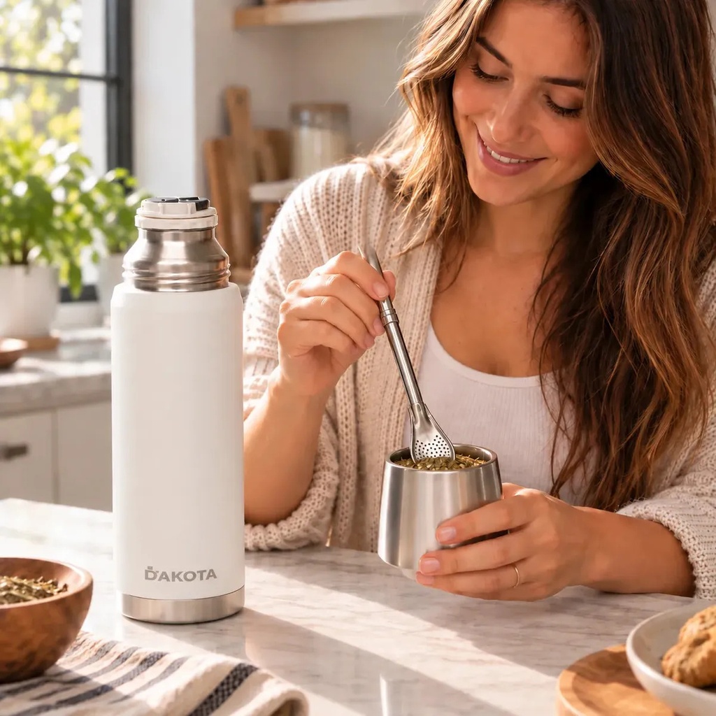 Termo Dakota 1000ml Acero Inoxidable Blanco Botella Térmica Bebidas Incluye Bombilla Acero