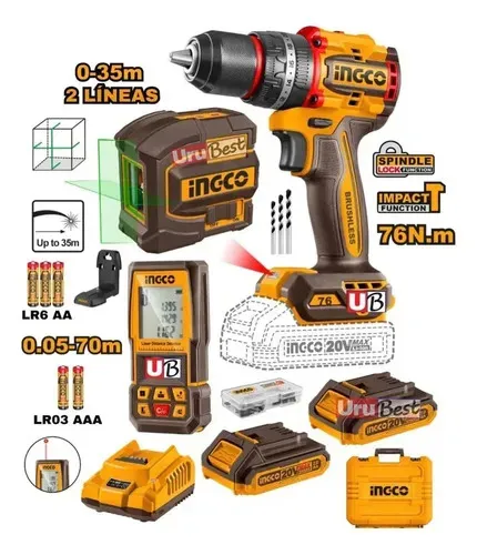 Taladro Atornillador Percutor Inalámbrico 2 Baterías 2ah Nivel Láser Medidor Distancia Cargador Accesorios Incluye Trip01 Tripode Negro