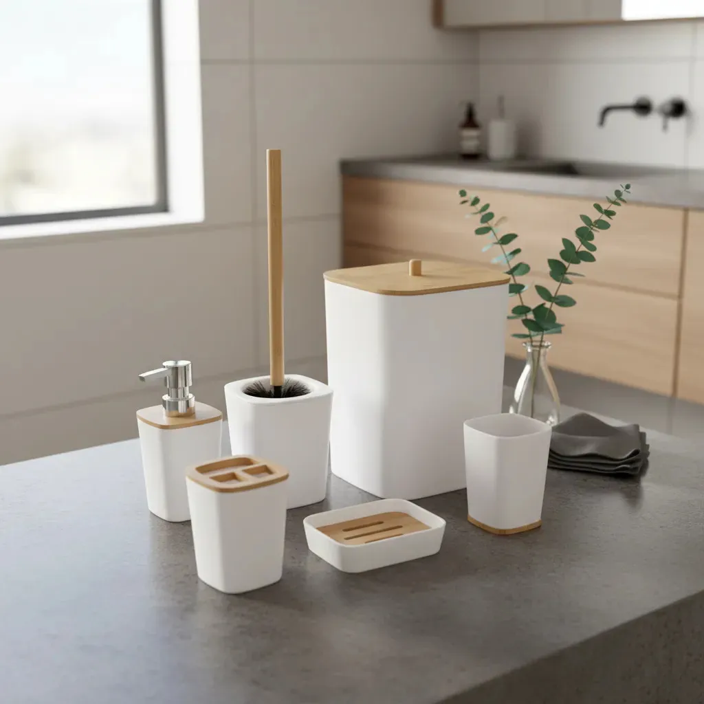 Set De Baño Accesorios 6 Piezas Dakota Bambú Color Blanco