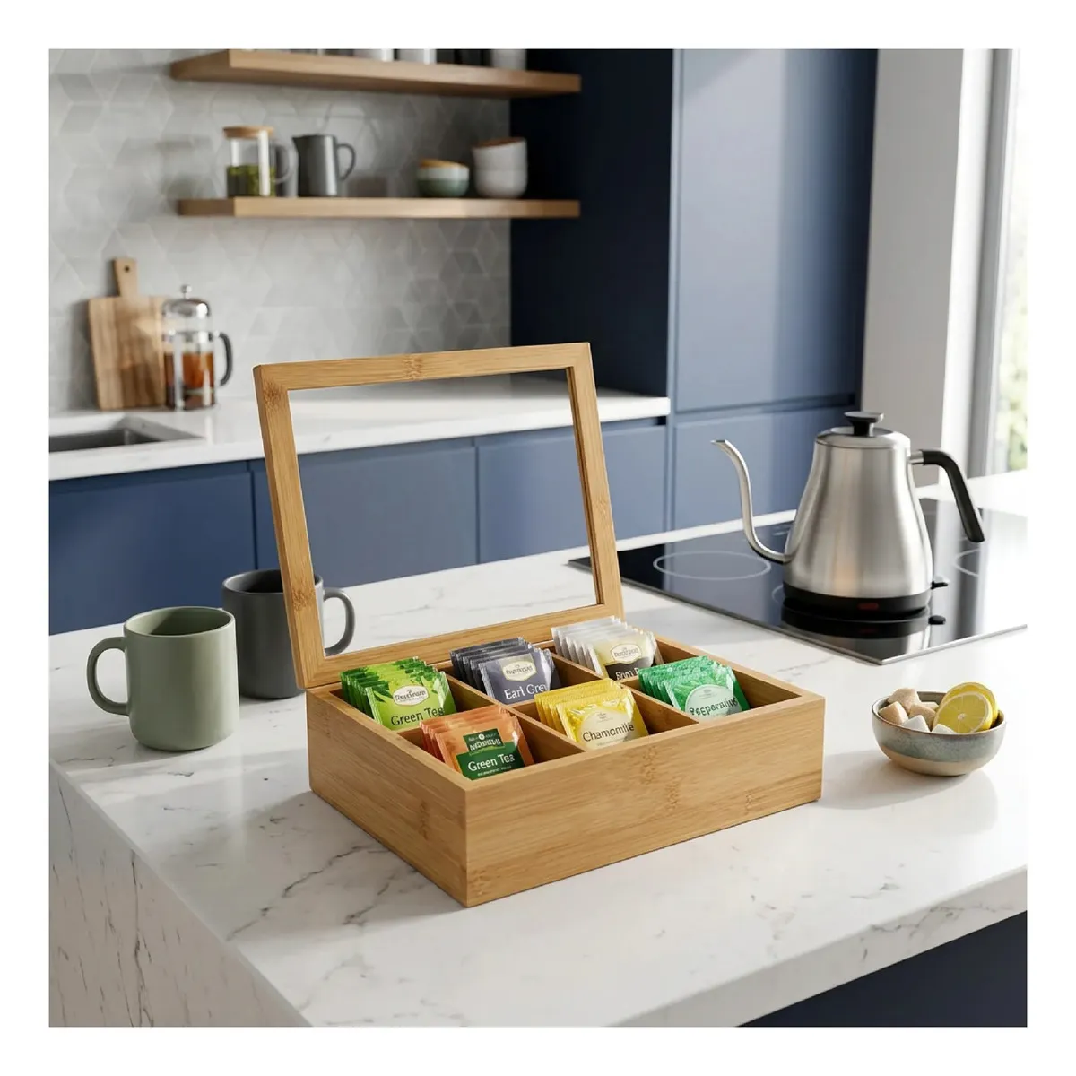 Caja De Té Dakota Madera 24x21,5cm Organizadora Porta Saquitos 6 Divisiones Marrón