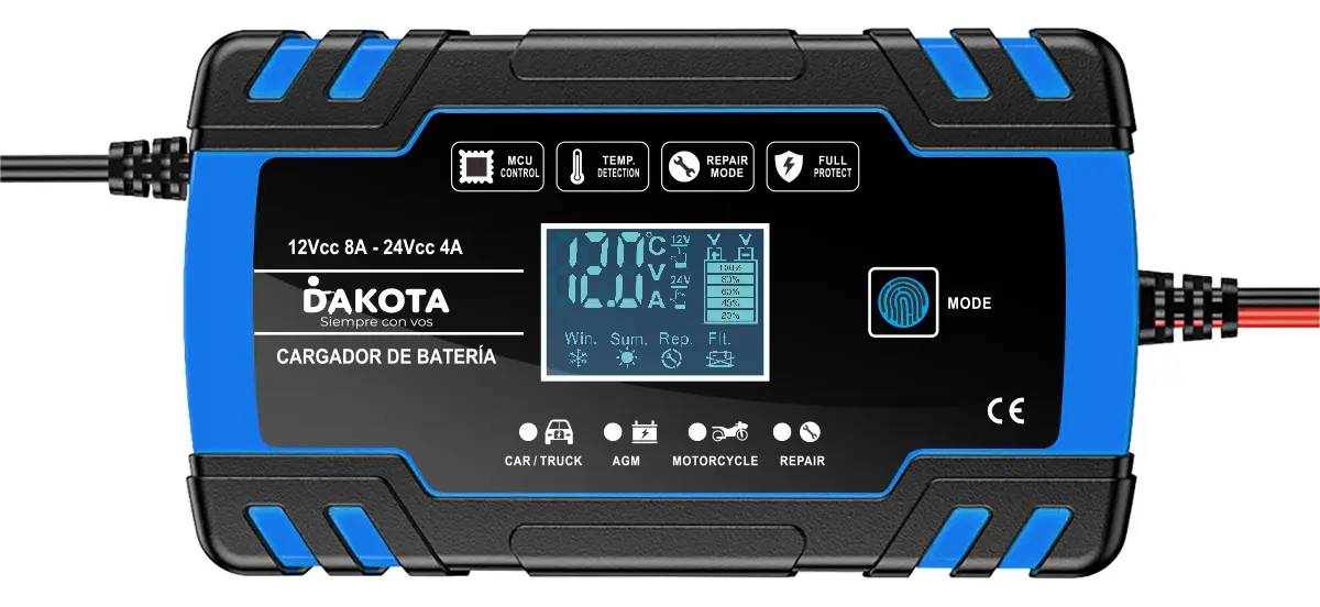Cargador Inteligente De Batería Dakota 12v 24v 8a Pantalla Auto Moto Agm