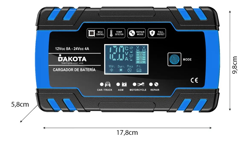 Cargador Inteligente De Batería Dakota 12v 24v 8a Pantalla Auto Moto Agm