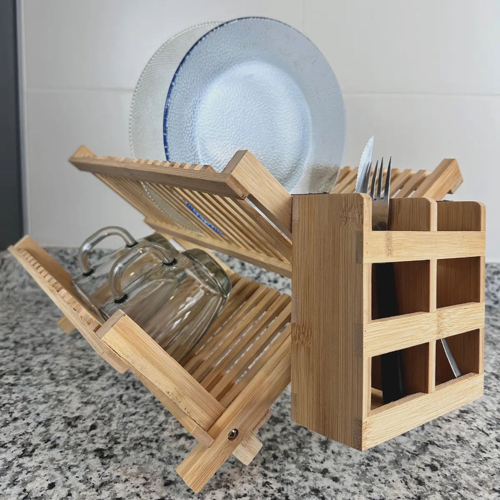 Seca Platos Escurridor De Madera Bambú Dakota 2 Niveles Plegable Marrón