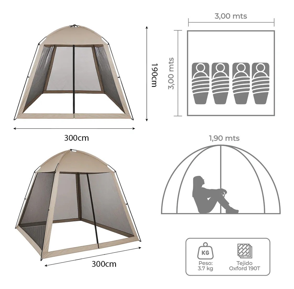Carpa Gazebo Fácil Armado Dakota Con Mosquitero Ca33-215 Capacidad Para 6 Personas Color Beige