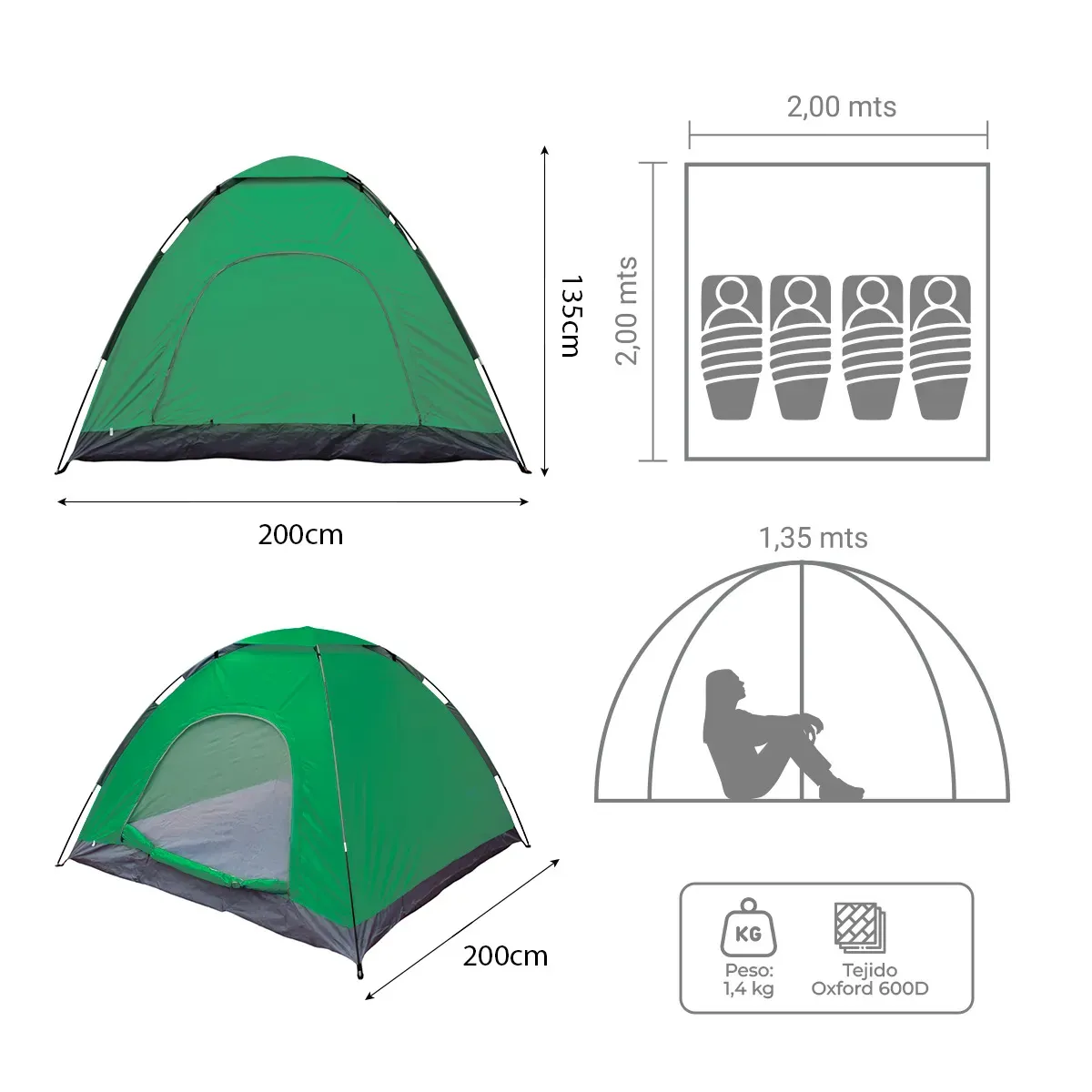 Combo Camping Dakota Carpa 4 Personas Autoarmable 200x200 + Colchon Inflable 2 Plazas Con Almohada Kit Camping Outdoor Verde