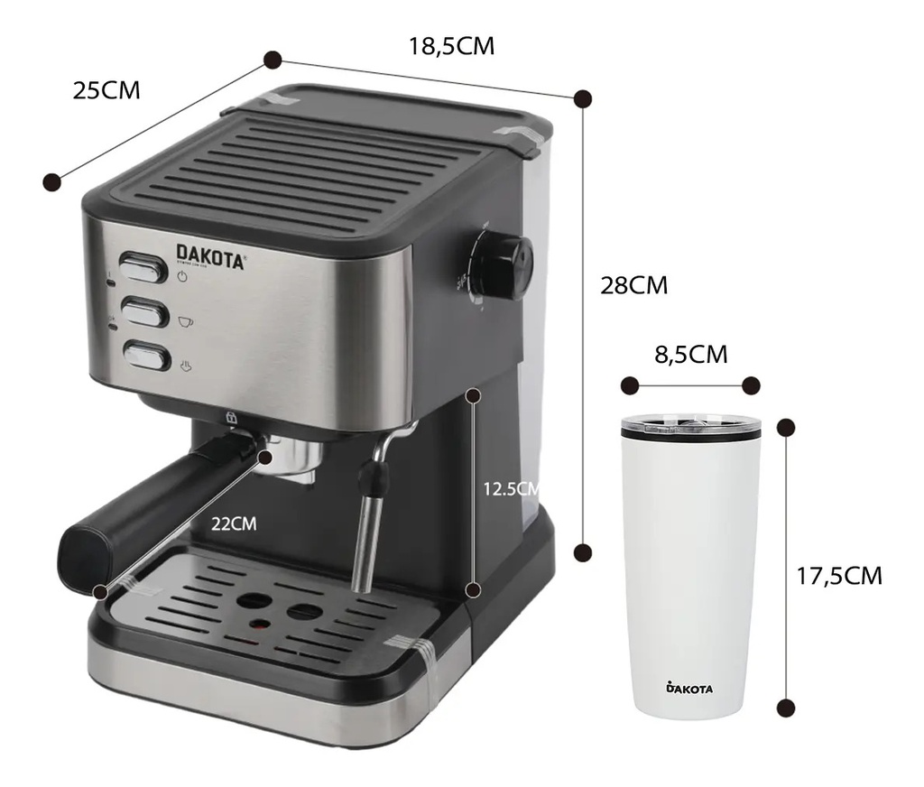 Combo Cafetera Expresso Dakota 3 En 1 20 Bares 1,5l Con Espumador + Vaso Térmico 400ml Plateado