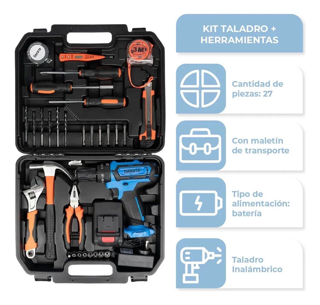 Combo Taladro Destornillador Inalámbrico Dakota 21v + Pistola De Calor 2000w Profesional Con Valija Accesorios Kit Herramientas