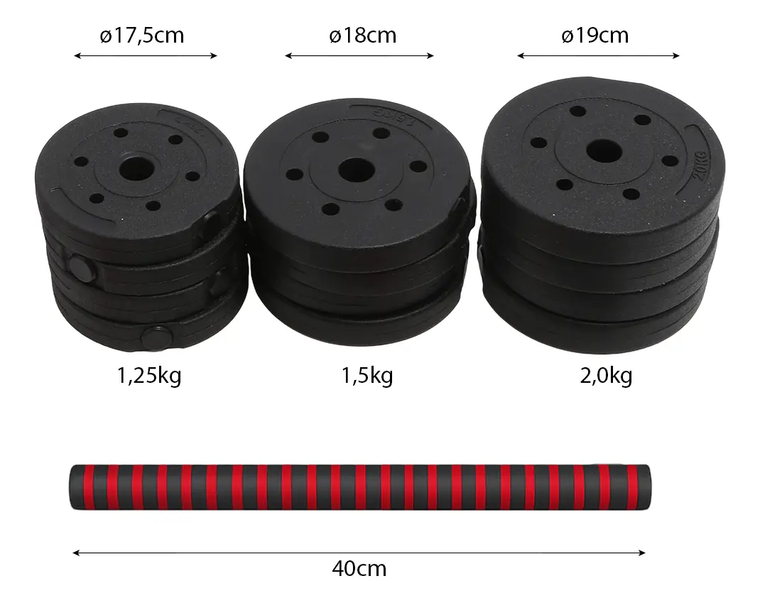 Kit Mancuernas + Pesas Rusas Dakota 20kgs Con Discos Pvc Con Tope A Rosca Negro-rojo