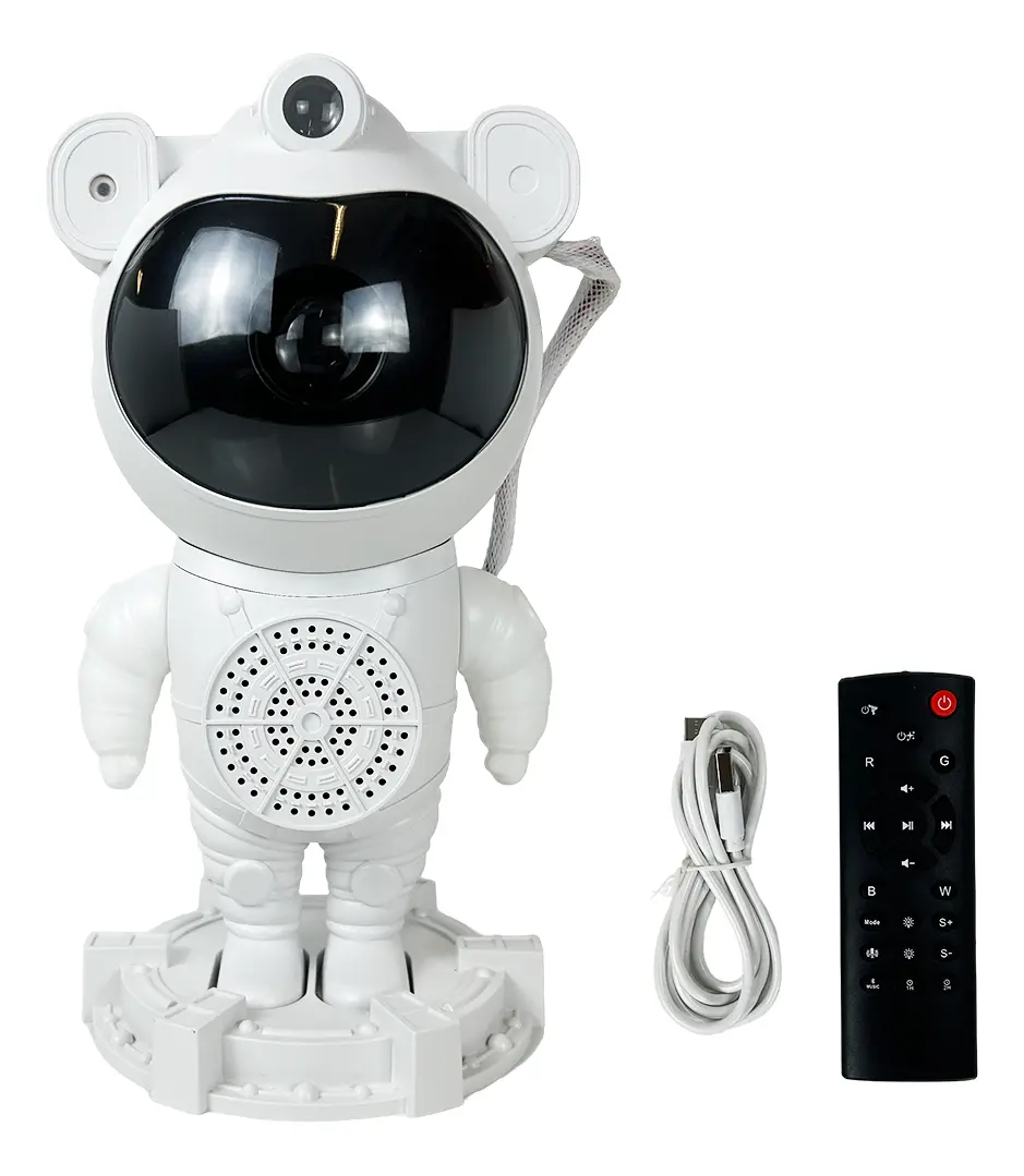 Astronauta Proyector Velador Con Parlante Dakota Galaxia Estrellas Lampara Luz Led Estéreo Control Remoto Estructura Blanca