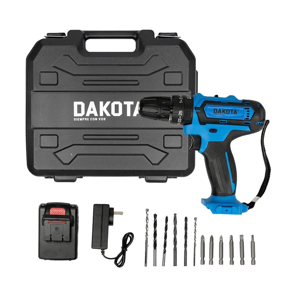 Taladro Atornillador Inalámbrico Dakota 21v + Kit 82 Piezas Mechas Puntas Maletín Hogar Profesional Azul