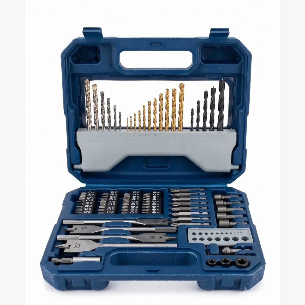 Taladro Atornillador Inalámbrico Dakota 21v + Kit 82 Piezas Mechas Puntas Maletín Hogar Profesional Azul