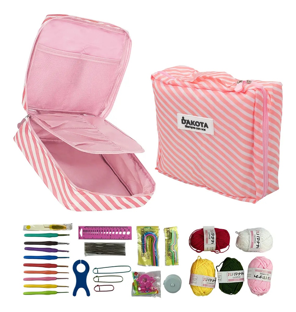 Kit Crochet Completo Con Agujas Lanas Y Estuche Portátil Rosa