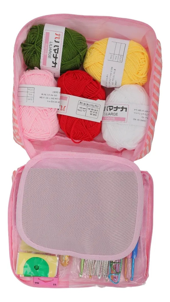 Kit Crochet Completo Con Agujas Lanas Y Estuche Portátil Rosa