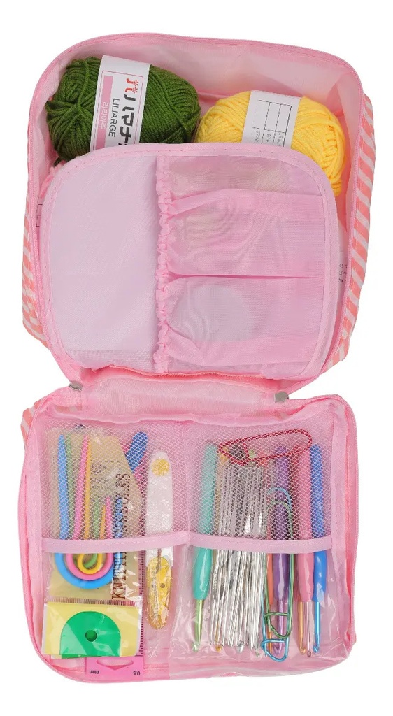 Kit Crochet Completo Con Agujas Lanas Y Estuche Portátil Rosa