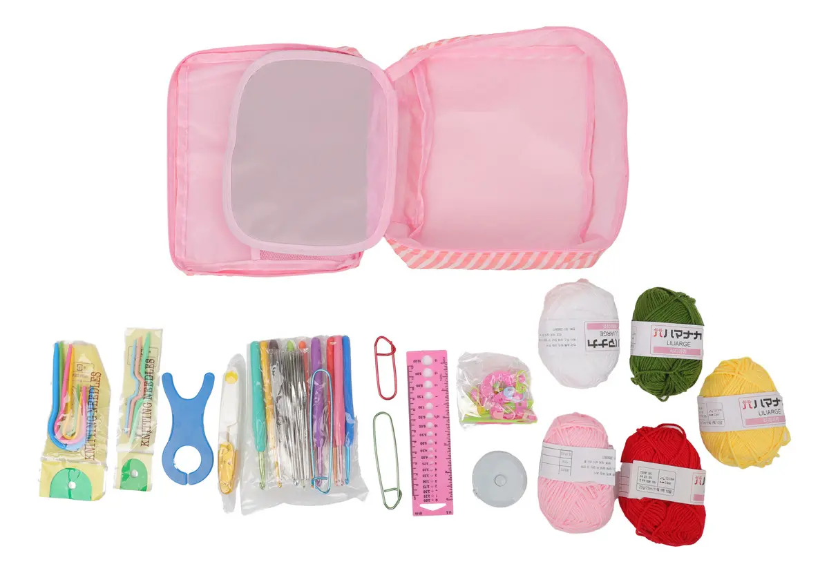 Kit Crochet Completo Con Agujas Lanas Y Estuche Portátil Rosa