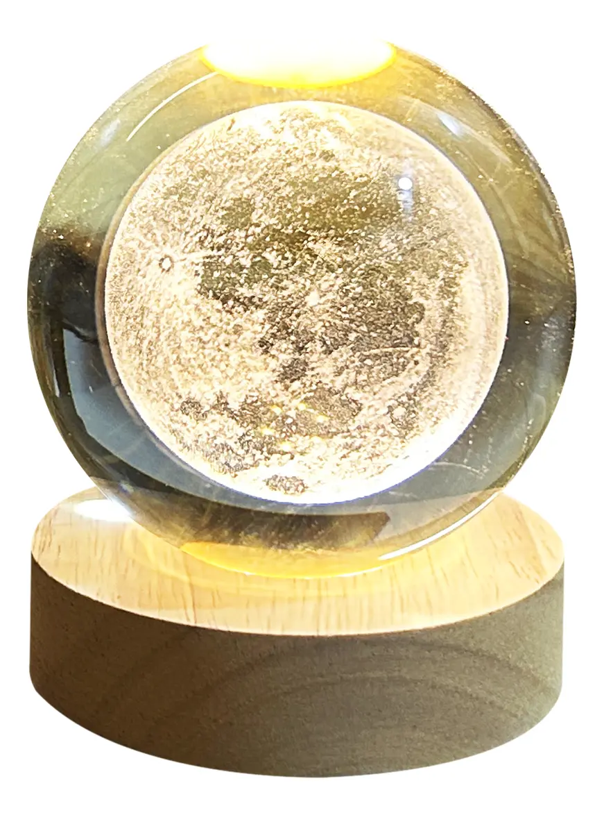 Esfera De Cristal 3d Dakota Luna Lampara Led Usb Luz Noche Estructura Marrón Madera