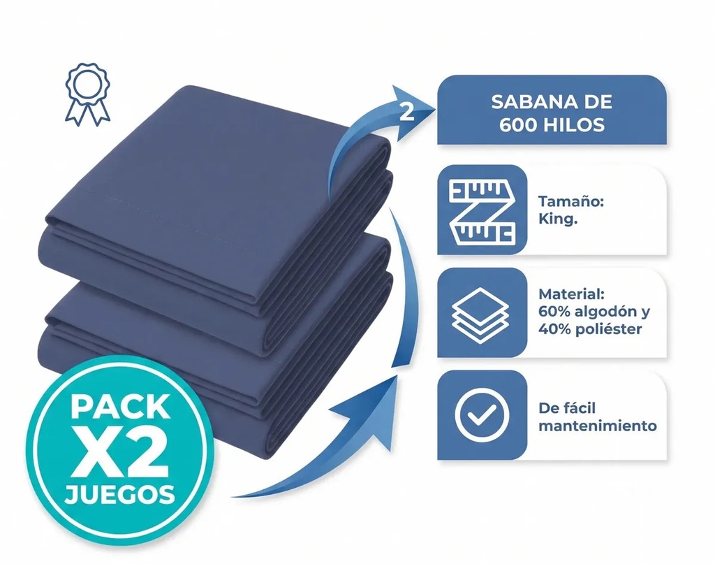 Combo 2 Juegos De Sábanas King Size Lisas Suaves Con Ajustable Y Fundas Ropa De Cama Premium Color Azul Liso