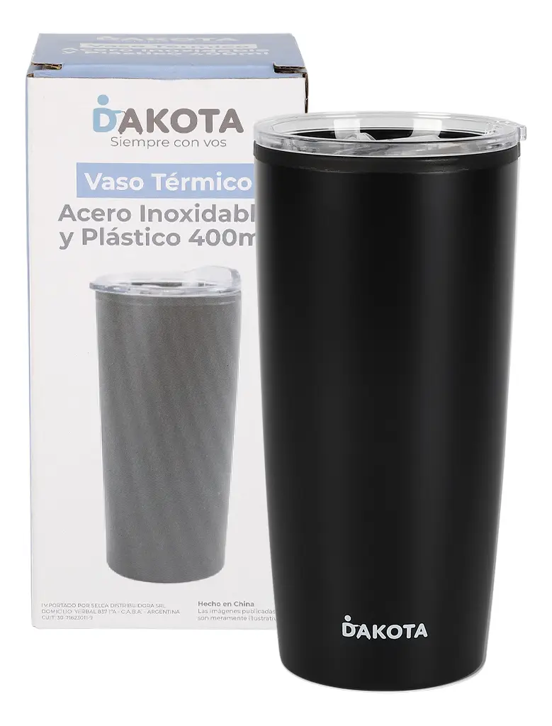 Vaso Térmico 400ml Dakota Acero + Plástico Con Tapa Frio Calor Color Negro Liso