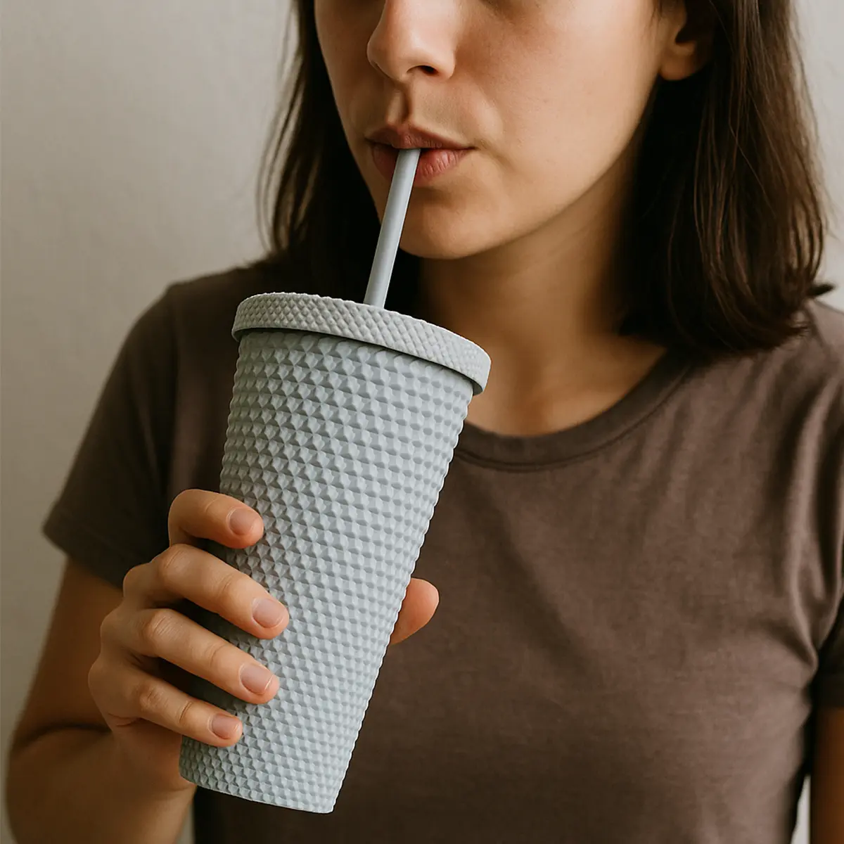 Vaso Térmico Dakota 650ml De Acero Inoxidable Engomado Con Bombilla Reutilizable Color Gris Oscuro Liso