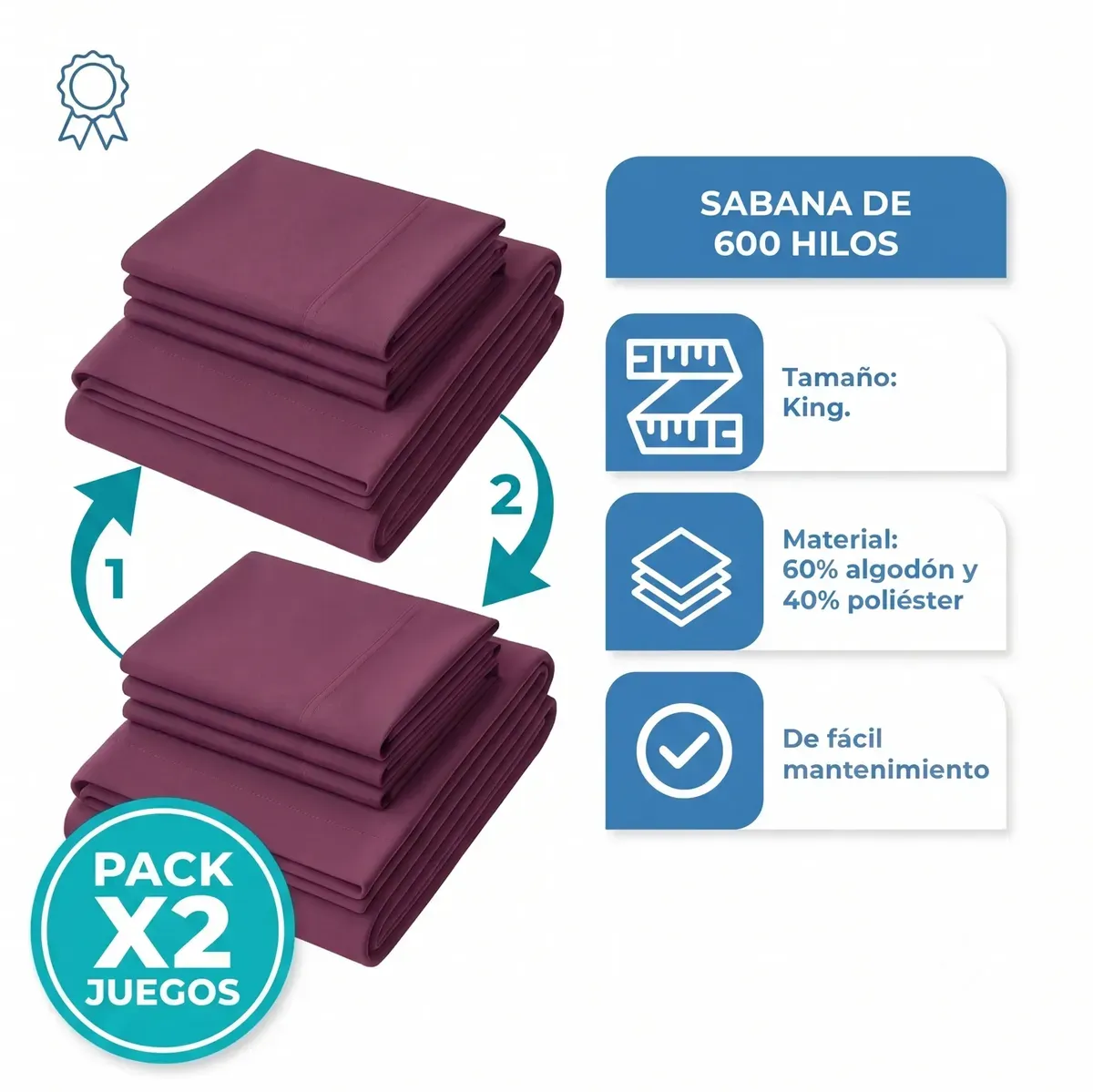 Combo 2 Juegos De Sábanas King Size Lisas Con Ajustable Y Fundas Ropa De Cama Premium En Color Lila Liso