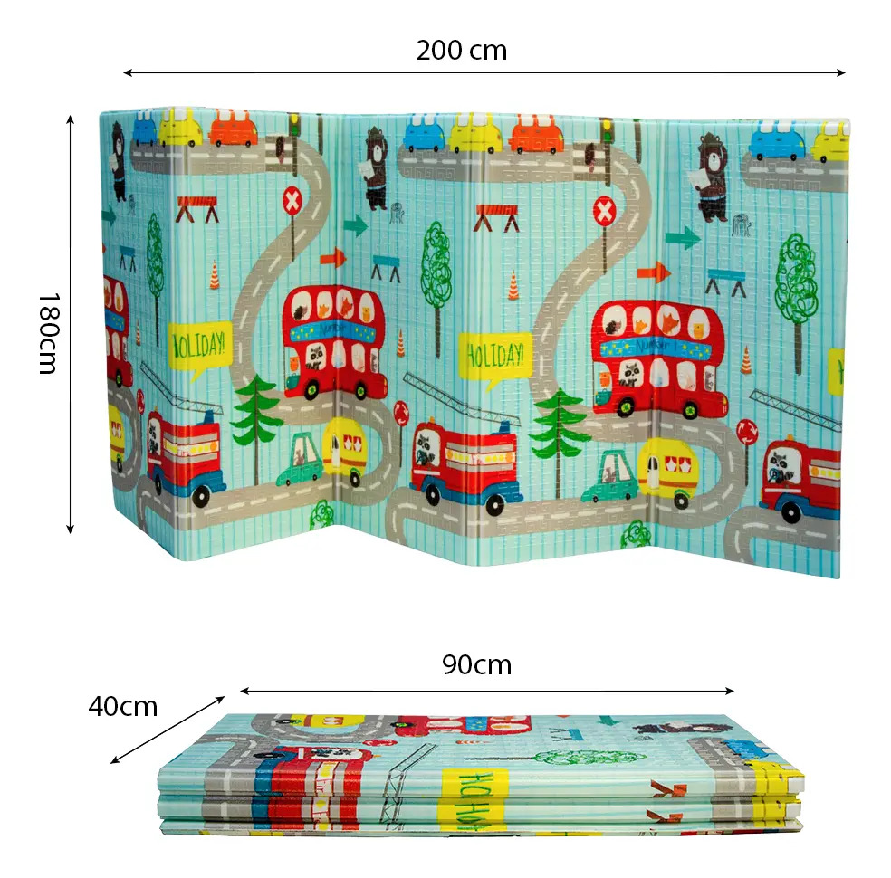 Alfombra Pillow Antigolpes Bebes 200x180 Reversible + Bolso Autobus Aviones