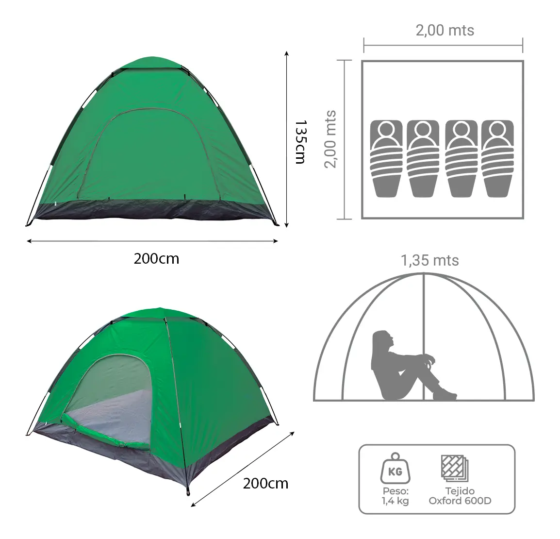 Carpa 4 Personas Dakota 200x200x135cm Color Verde