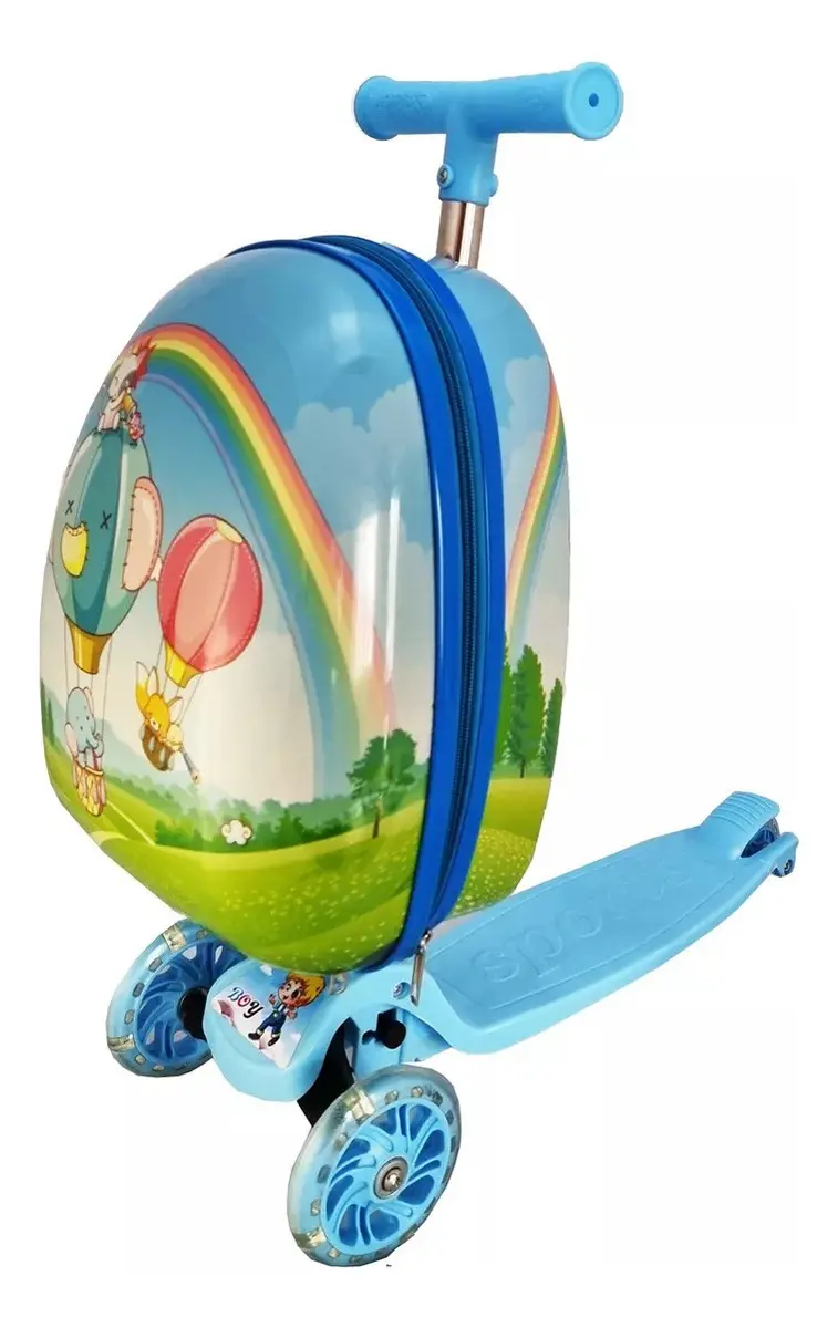 Mochila Con Ruedas Luz Led Monopatin Niños Monobag Valija Color Celeste Diseño De La Tela Globos