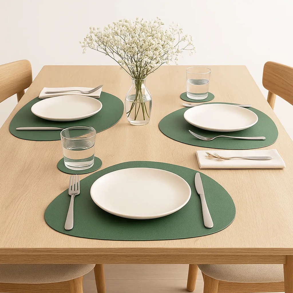 Combo Set X 6 Individuales + 6 Posavasos De Mesa Dakota Porta Cubiertos Pvc Deco Lavable Color Verde