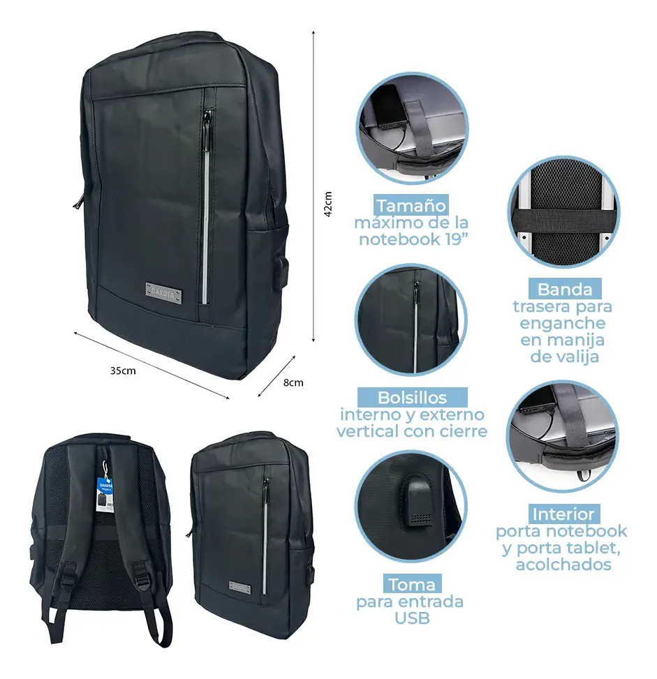 Mochila Impermeable Viaje Dakota Portanotebook Cabina Usb Regalo 2 Neceseres Negro