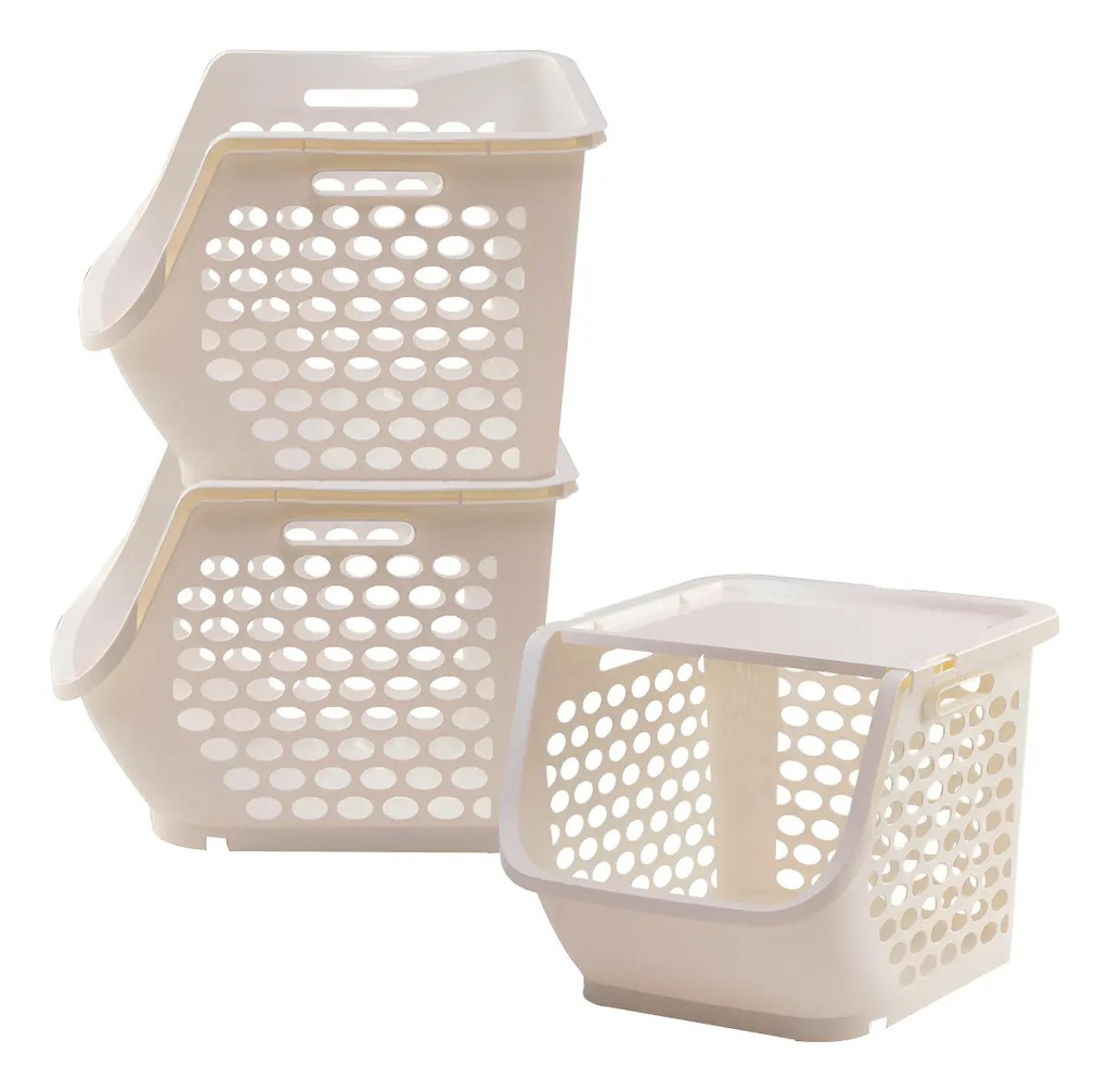 Combo X 3 Canasto Organizador Apilable Dakota Plástico Encastrable Multiuso Beige